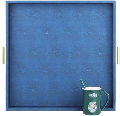 HofferRuffer Elegant Decorative Serving Tray, 20x20 Square Faux Leather Ottoman Tray with Gold Hardware Handles, Coffee Table Serve Tea, Coffee or Breakfast (Navy Blue)