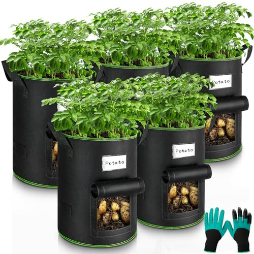 Enbagold 5 Sac Plantation Pomme de Terre Avec Gants de Jardinage, 30L Non Tissé, Culture Avec Poignées et Fenêtre, Pots Pour Tomates, Carottes, Fraises, Légumes