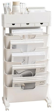 SINBINTA Mobiles Bücherregal mit 6 Etagen, Abnehmbarer rollender Bücherwagen mit 3 Schubladen, Bücherregal, Zeitschriftenständer für Büro, Wohnheim (Beige)