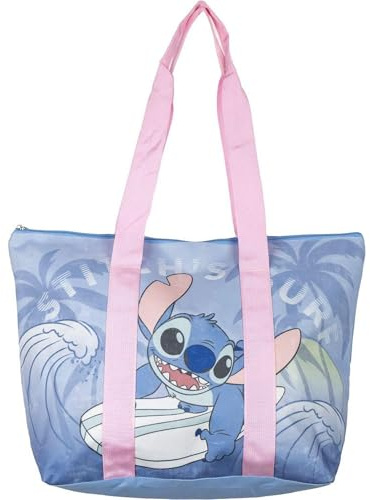 Stitch Strandtasche - Farbe Blau - 47x33x15cm - Hergestellt aus Polyester - Stofftasche mit Reißverschluss - Geräumiges Hauptfach - Originalprodukt in Spanien entworfen