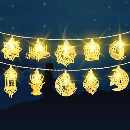 FFZZKJ Ramadan Lichterkette 1.65M 10LED Batteriebetrieben Stern Mond Lichterkette für Islam Deko Ramadan Eid Mubarak Dekoration, Heim Dekoration Party Zubehör, Golden