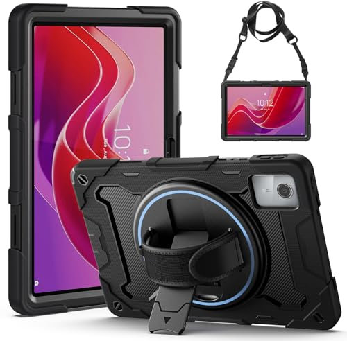 Gerutek Cover per Lenovo Tab M11 2024 11 Pollici, TB-330FU/TB330XU/TB-331FC Custodia Antiurto Robusta con Supporto Rotante 360/Cinghia a Mano/Spalla, Custodia Protettiva per Lenovo Tab M11, Nero