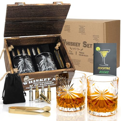 Eligara Whiskey Glass Gift Set - Personalised Whisky Glasses Set of 2 with 6 Whiskey Stones, Pliers and Wooden Box - Christmas/Birthday Gifts for Men, Dad, Husband