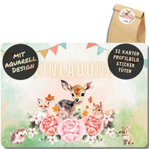 celebr8te 12x Waldtier Einladungskarten - Für den Kindergeburtstag von Mädchen - Tiere aus dem Wald Geburtstagseinladungen +12 Sticker +12 Geschenktüten