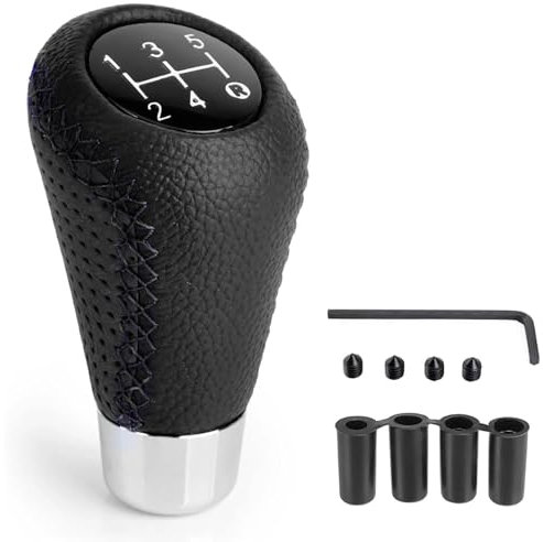 QLEQMZTV para Volvo S40 S60 S80 S90 V40 V60 Universal Pomos Palanca Coche Cambios, 5 Velocidad Cuero Manual Pomo Palanca Cambio Cubierta Antideslizante con 4 Adaptador 8/10/11/12mm