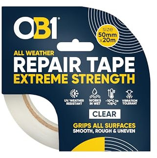 OB1 Clear All Weather Repair Tape Extreme Strength - Ultra Strong Waterproof Duct Tape - Maximum Bond Strength - Heat, Water & UV Resistant - Indoor & Outdoor Use - 50mm x 20m Roll