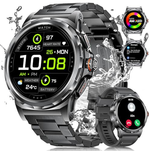 Montre Connectée Homme avec Appel Bluetooth pour Android iOS,1,43'' AMOLED Fitness Tracker avec Sommeil,Podomètre,5ATM étanche 400 mAh Sport Smartwatch Homme