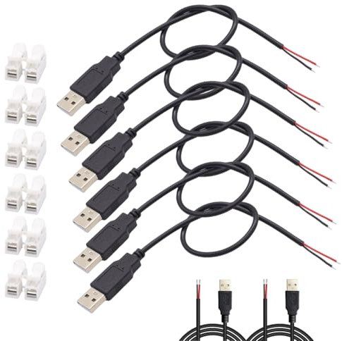 joonnair 6 Pièces 0,3M Queue de Cochon USB Câble de Queue USB Câble USB 2.0 à 2 Fils 22AWG Câble USB Mâle Câble d'Alimentation à Prise USB 12V 3A Avec Bornes de Montage pour DIY Réparation