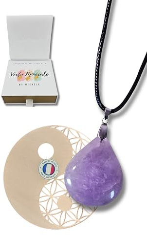 PENDENTIF PIERRE NATURELLE VERITABLE & Fleur de Vie en bois de tilleul - Qualité Exceptionnelle - Création Française - Cadeau Femme, fille (Améthyste Naturelle, Forme Goutte)