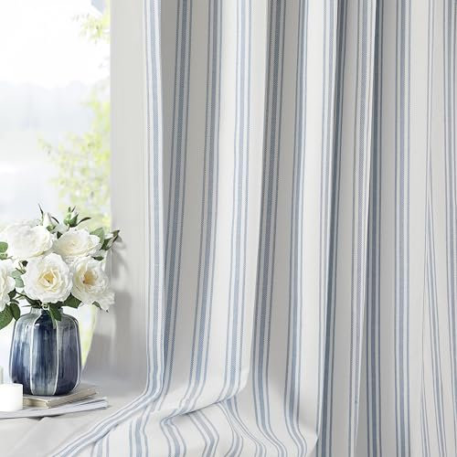 ZJDECOR 63 Inch Blue Striped Full Blackout Window Curtain Panels,Blue Stripe on White Cotton Blended Light Filteirng Fabric,Room Darkening Window Treatment for Bedroom,Rod Pocket Back Tab,55Wx63Lx2