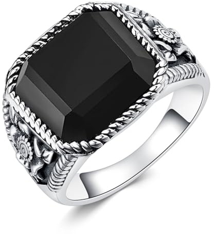 Retro Oxidiert Herren 10mm Quadratischer Schliff Edelstein Vintage Ring 925 Sterling Silber Geburtsstein mit Vintage Filigran für Vater Männer Geschenke