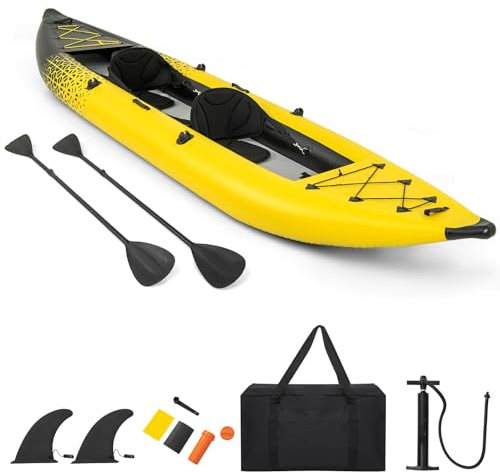 GYMAX Aufblasbares Kajak für 2 Personen, aufblasbares Kajak Boot mit Aluminiumpaddel, 2 Sitze & 2 Flossen, Kanu Paddelboot mit Pumpe, Tragetasche & Reparaturset, bis zu 230 kg belastbar (Gelb)