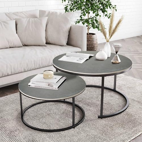 G-LEAF Set mit 2 Runden Beistelltischen/Satztische-Grau Marmor Tischplatte & Schwarz Metallrahmen | Modernes Nesting Couchtische für Wohnzimmer, Schlafzimmer, Dekoration (Ø 60cm/Ø 40cm)