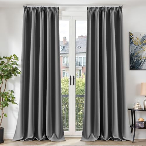 TOPICK Vorhänge Gardinen Verdunklungsvorhänge H260xB140 2er Set Dunkelgrau | Abdunkelnd Vorhänge Blickdicht Wohnzimmer Gardinen für Schienensystem Blackout Curtains Gardinen mit Kräuselband Schlafzimmer