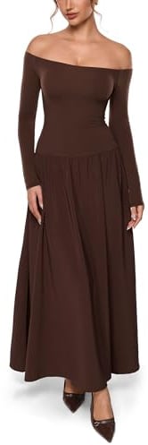INLYRIC Women's Off The Shoulder Long Sleeve Maxi Dresses Elegant Formal Wedding Guest Cocktail Long Dresses Hazelnut Small