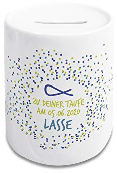 Spardose Taufe Junge personalisiert mit Namen/Datum, Geschenk für Patenkind, Kinder, Zwillinge, Bunte Konfetti