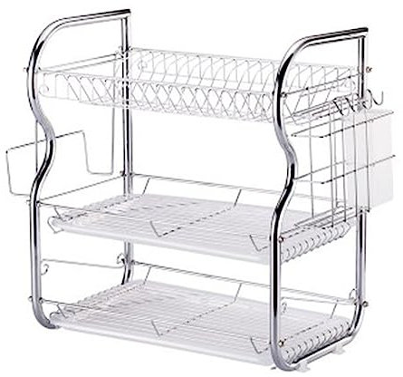 Ballshop 3 Tier Dish Drainer Rack with Drip Tray Stainless Steel Dish Drying Rack with Drainboard Chopsticks Knives Cutting Board Holder for Kitchen