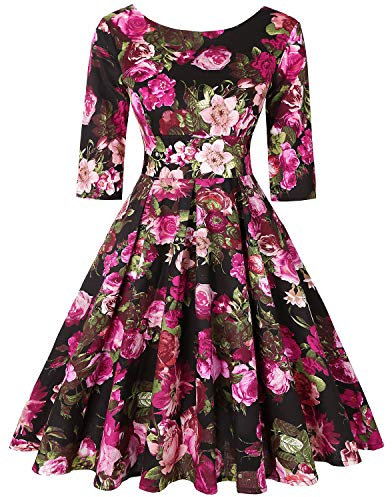 MINTLIMIT Vintage Floral Cocktail Dress Short Sleeve Retro Tea Dress Vintage Dress (Floral Fuchsia,Size L)