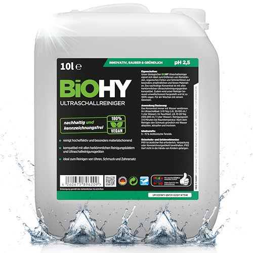 BiOHY Ultraschallreiniger (10 Liter Kanister) | intensive und materialschonende Reinigung von Dentalprodukten, Gold, Münzen und Schmuck | KONZENTRAT für Ultraschallbad | streifenfreier Glanz