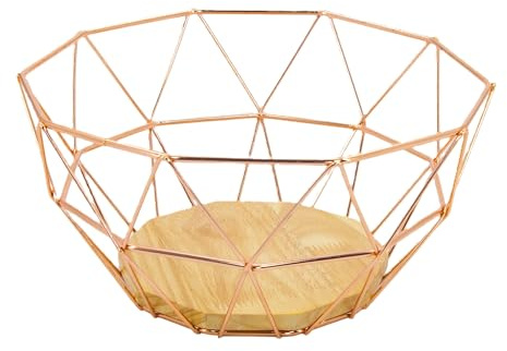 Fruit Bowl Wire Fruit Basket for Kitchen Countertop Fruits and Vegetables Holder Geometric Design Kitchen Garage Camping Wood Base Lightweight Storage Holder (Rose Gold)