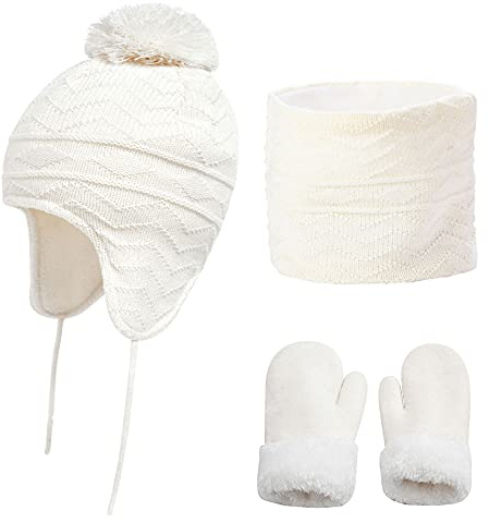 JFAN Set Bufanda Guantes Gorro Punto pompon Invierno para Niños y Niñas