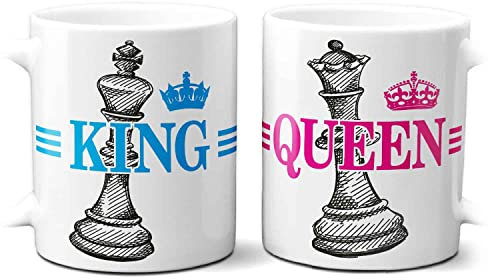 STAMPATEK Tazze di Coppia Lui e Lei Idee Regalo San Valentino, King e Queen, Re e Regina, Regalo per Sposi, Fidanzati, Innamorati, Colazione