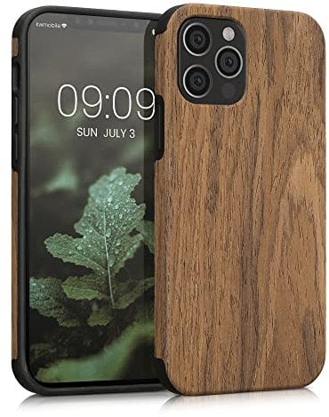 kwmobile Custodia morbida compatibile con Apple iPhone 12 / iPhone 12 Pro - in silicone TPU e legno - Back Cover ibrida per cellulare - Venature marrone