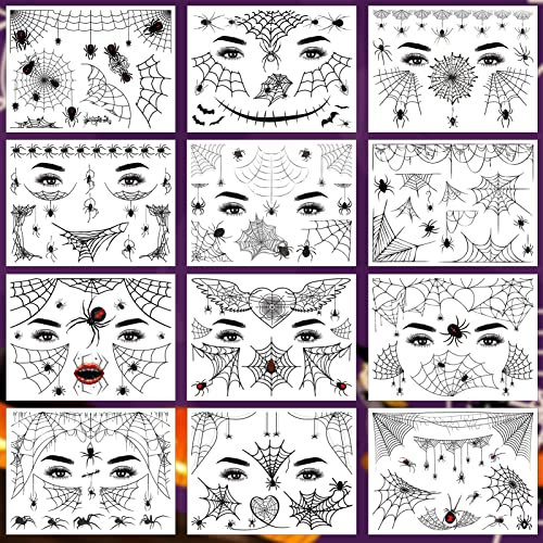 Qpout 12 Blatt Halloween Spinne Temporäre Tattoos, Spinnennetz Gesicht Tattoo Aufkleber für Kinder Erwachsene Halloween Cosplay Make-up Party Dekorationen
