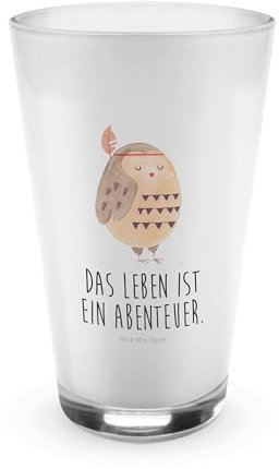 Mr. & Mrs. Panda Glas Eule Federschmuck - Geschenk, Latte Macchiato, Abenteuer, Cappuccino Glas, Eule Deko, Cappuccino Tasse, Reisespruch