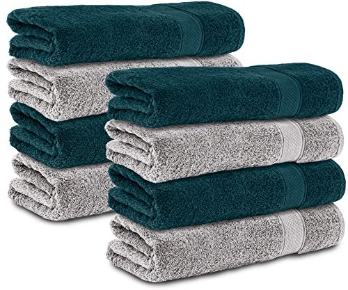 Komfortec 8er Handtücher 50x100 cm Set aus 100% Baumwolle, Frottee, Weich, Silber/Petrol