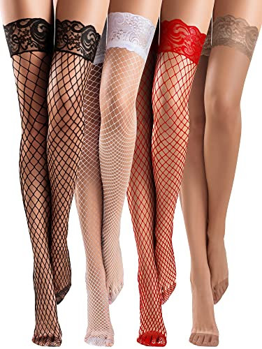 Bencailor 4 Paar Halterlose Netzstrümpfe Spitzenstrümpfe Oberschenkelhohe Strümpfe für Damen(Rot, Weiß, Schwarz, Kaffee,M)