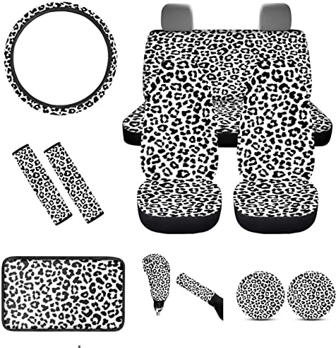 chaqlin 12 Stück Leopardenmuster Auto-Zubehör, Weißes Leopardenmuster Autositzbezüge-Set, Lenkradbezug, Armlehnenbezug, Sicherheitsgurtpolster-Bezug, Schalthebelbezug, Handbremsbezug, Untersetzer