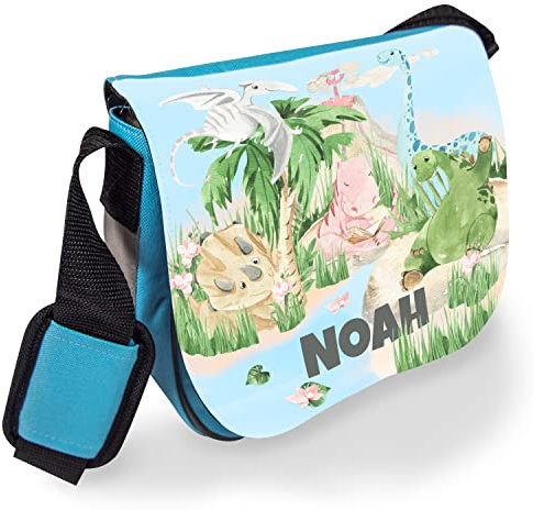 Kindertasche mit Namen für Mädchen und Jungen „Dinos“ – Dinosaurier Umhängetasche für Kinder personalisiert – Kindergartentasche Geschenk zur Einschulung | für Kita, Krippe und Freizeit (Hellblau)