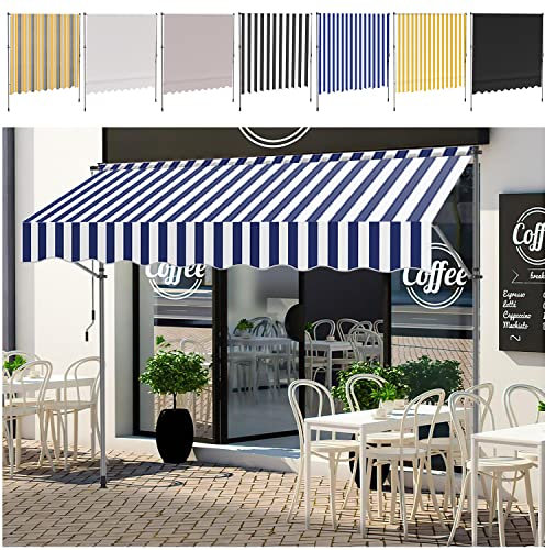 Ikodm Tenda da sole con manovella, 300 x 120 x 200 – 300 cm, blu e bianco, resistente ai raggi UV 50+ regolabile in altezza, impermeabile, facile da montare