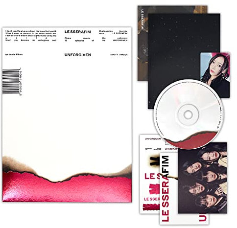 LE SSERAFIM - 1st Studio Album [UNFORGIVEN] (DUSTY AMBER Ver.) Outer Box + Booklet + CD + Photocard + Postcard + Heat Detecting Postcard + Sticker + Folding Poster + 2 Pin Badges + 4 Extra Photocards