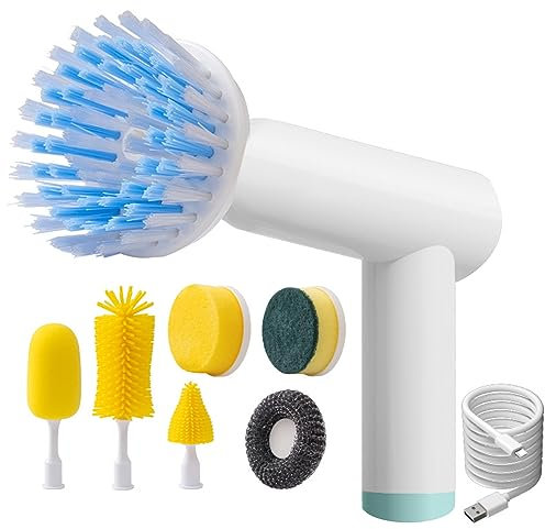 DONGTATA Cepillo de Limpieza eléctrico Cepillo de rotación eléctrico Limpiador de Cocina y baño Limpiador de Suelo eléctrico Limpiador de Ventanas Botella de Limpieza Cepillo de 7 Cabezas de Cepillo