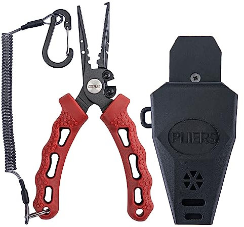 Matymats 7 Stainless Steel Fishing Pliers Hook Remover, Fly Fishing Pliers Kit, Saltwater Fishing Pliers with Line Cutter Sheath, Split Ring Pliers for Fishing, Fishing Gifts for Men, Red