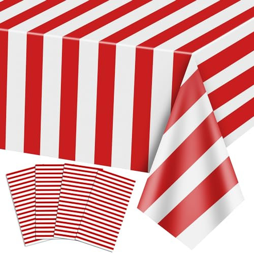 4 Stück Karneval Tischdecken, rote und weiße Streifen Tischdecken, rote Kunststoff-Tischdecke, Zirkus-Thema Party-Dekorationen für Karneval, Movie Night, Kindergeburtstag, Picknick, 130 x 220cm
