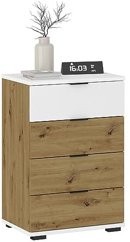 CARO-Möbel Nachttisch Piano Artisan Eiche/weiß, Nachtkommode für Boxspringbetten, Nachtschrank mit 4 Schubladen und Griffen aus Kunststoff, Korpus aus MDF/Spanplatte