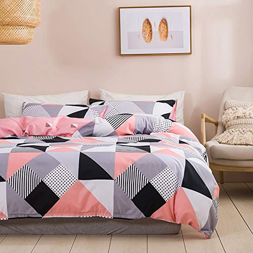 WUMIUER Geometrische Bettwäsche 200x220 Set 3 Teilig - Rosa Schwarz Grau Karo Dreieck Muster Wendebettwäsche, 1 Bettbezug 200x220cm und 2 Kissenbezüge 80x80cm aus Leicht Weich Mikrofaser