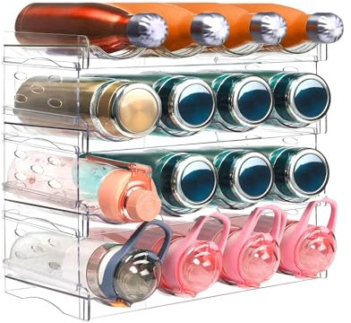 Sangping Clear Water Bottle Organiser,4 Pack Stackable Water Bottle Storage Rack Plastic for Kitchen Fridge Cupboard Cabinet Organization and Storage, Each Rack Holds 4 Containers