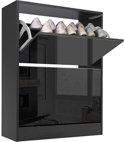 Blisswood High Gloss 2 Drawer Shoe Cabinet Black, Wooden Shoe Storage Organiser Cupboard Unit Hallway Furniture, 2 tier Modern Shoes Rack Cabinet Footwear Stand for Shoes