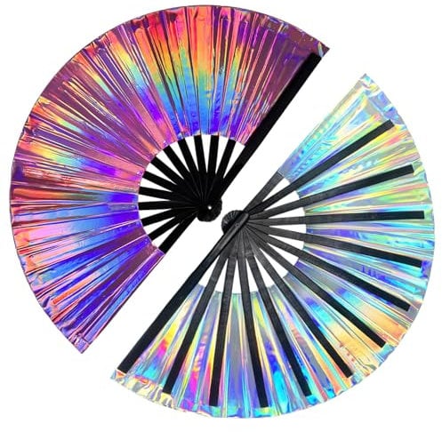 dmjuncong 1Pcs Large Folding Hand Rave Fan,Clack Handheld Fan,Holographic Purple Laser Hand Fan,for Line Dancing,Festivals,Rainbow Outfits,Disco Party,Home Decoration and Cooling in Various Occasions.