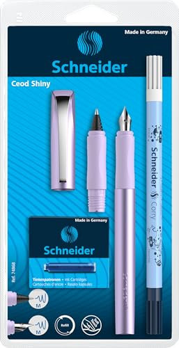 Schneider 74868 Ceod Shiny Schreibset mit Füller, Tintenroller, Tintenkiller (Rechts- und Linkshänder, M-Feder, inkl. Tintenpatronen königsblau) lilac