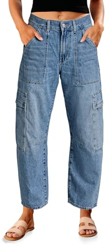 PLNOTME Damen-Cargo-Jeans, hohe Taille, Boyfriend-Hose, Baggy-Denim-Hose mit 6 Taschen