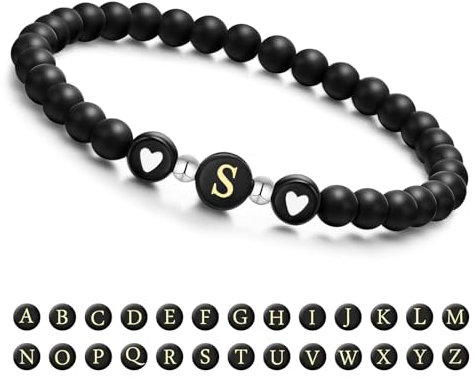 Armband Damen mit Buchstaben und Herz - Partnerarmbänder Freundschaftsarmband mit 6mm Naturstein Perlen Personalisierte Geschenke Armband Paare Mädchen bff Schwesterherz Mutter und Tochter (Schwarz-S)