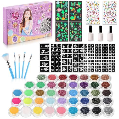 BEVISTY Glitter Tattoo Set Mädchen Weihnachtsgeschenk, 42 Farben Temporäres Tattoo Glitzer für Kinder - 215 Strasssteine 204 Schablonen 3 Kleber 5 Pinsel Wasserfeste Tattoos für Partys