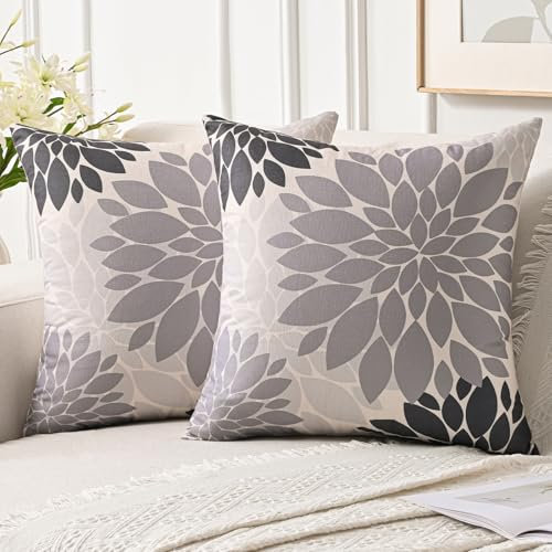 Jayusaror Kissenbezug 50x50 cm Grau Dahlien Sommer Sofakissen Herbst Deko Kissen Bezug Blumen Outdoor Kissenhülle für Couch Sofa Wohnzimmer Kissenbezüge, 2er Set