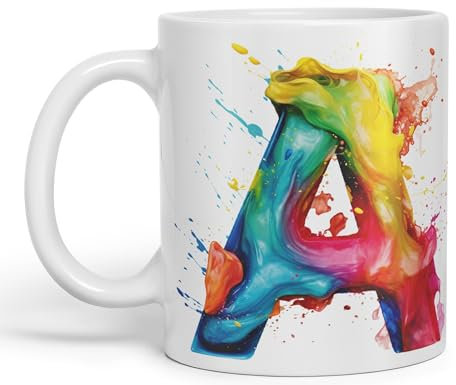 Vixar Letter A Mug, Alphabet Letter A Monogram Watercolour Ceramic Coloured Mug Cup for Tea Coffee Hot Brew 330ml 11Oz Gift (White)