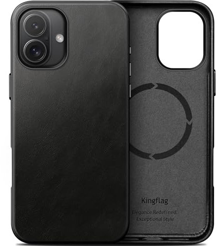 kingflag Leder Hülle für iPhone 16 6,1 Zoll Ölwachs-Oberleder Handyhülle extra Dünn Kompatibel mit MagSafe Metallknöpfen (Schwarz)